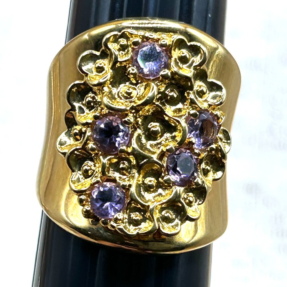 Large Signed Bronzallure Milano 18K Yellow Gold Plate Amethyst Wide Band Ring